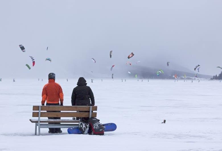 Snowkiten auf dem Reschensee